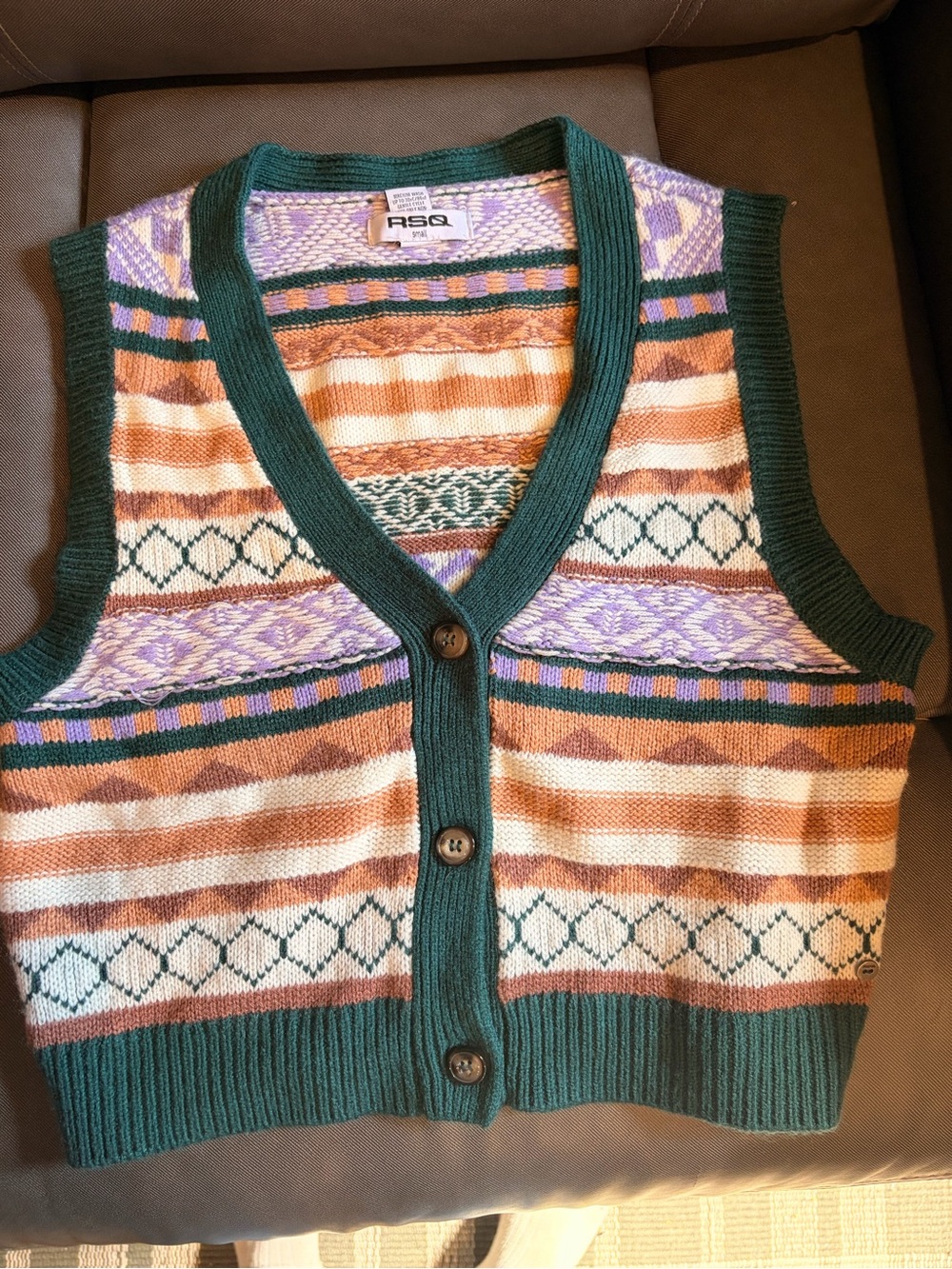 RSQ Multicolor Knit Button-Front Sweater Vest with Forest Green Trim